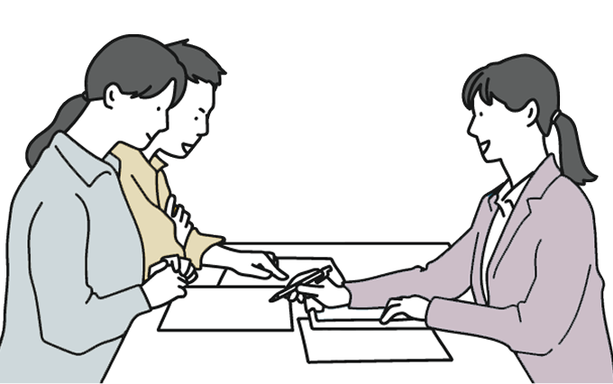 打ち合わせでカタログを活用しているイラスト