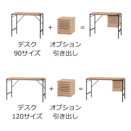 デスク 90サイズ、120サイズにはオプション引き出しが左右に取り付け可能です。