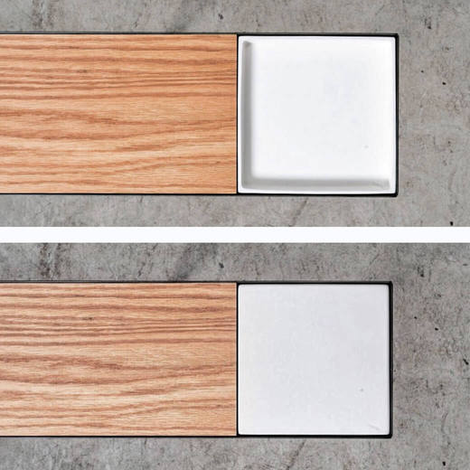 陶器も片面はフラットに仕上げ、片面は凹型で使用用途に応じて使い分けが可能。（カラー：ブラック×ホワイト）