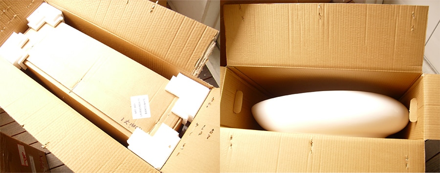 改善した梱包 二重梱包で箱のすき間を作らないように発砲スチロールを入れている