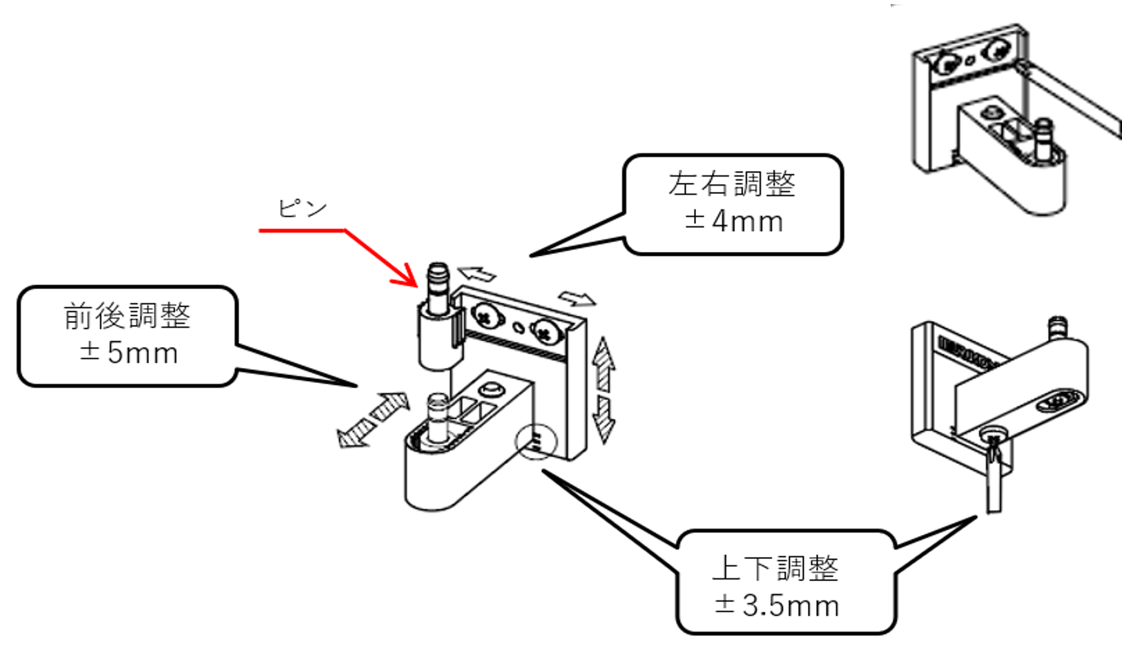 ダンパー本体のピンの位置
