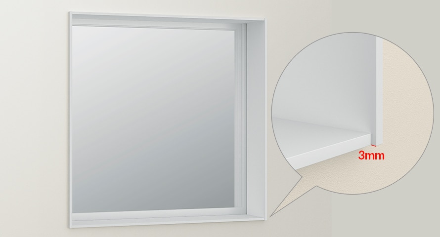 S-FRAMEの窓枠（見付け厚み：6mm）（縦枠と横枠の接合部の差：3mm）