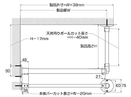 天井付けL タイプ ジョイントあり（W1400mm以下）